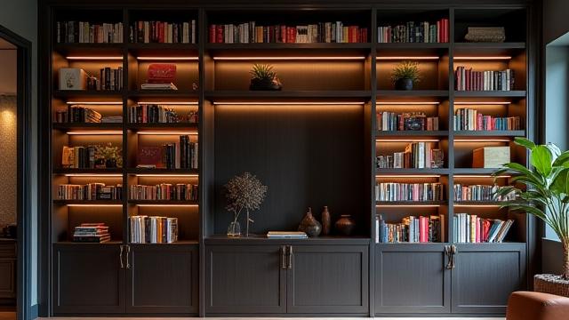 Skreddersydd bokhylleløsning som strekker seg over en hel vegg.