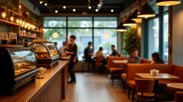 Koselig og moderne kaféinteriør med varme trefarger og dempet belysning.