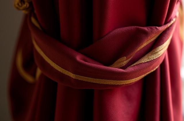 Nært bilde av et eksklusivt draperi med tekstur og et dekorativt bånd i klassisk stil.
