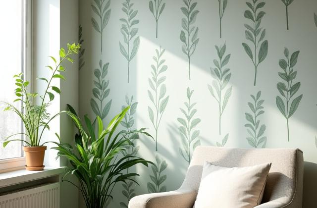 Vegg med spesialdesignet botanisk tapet i grønntoner i stue, naturlig lys.